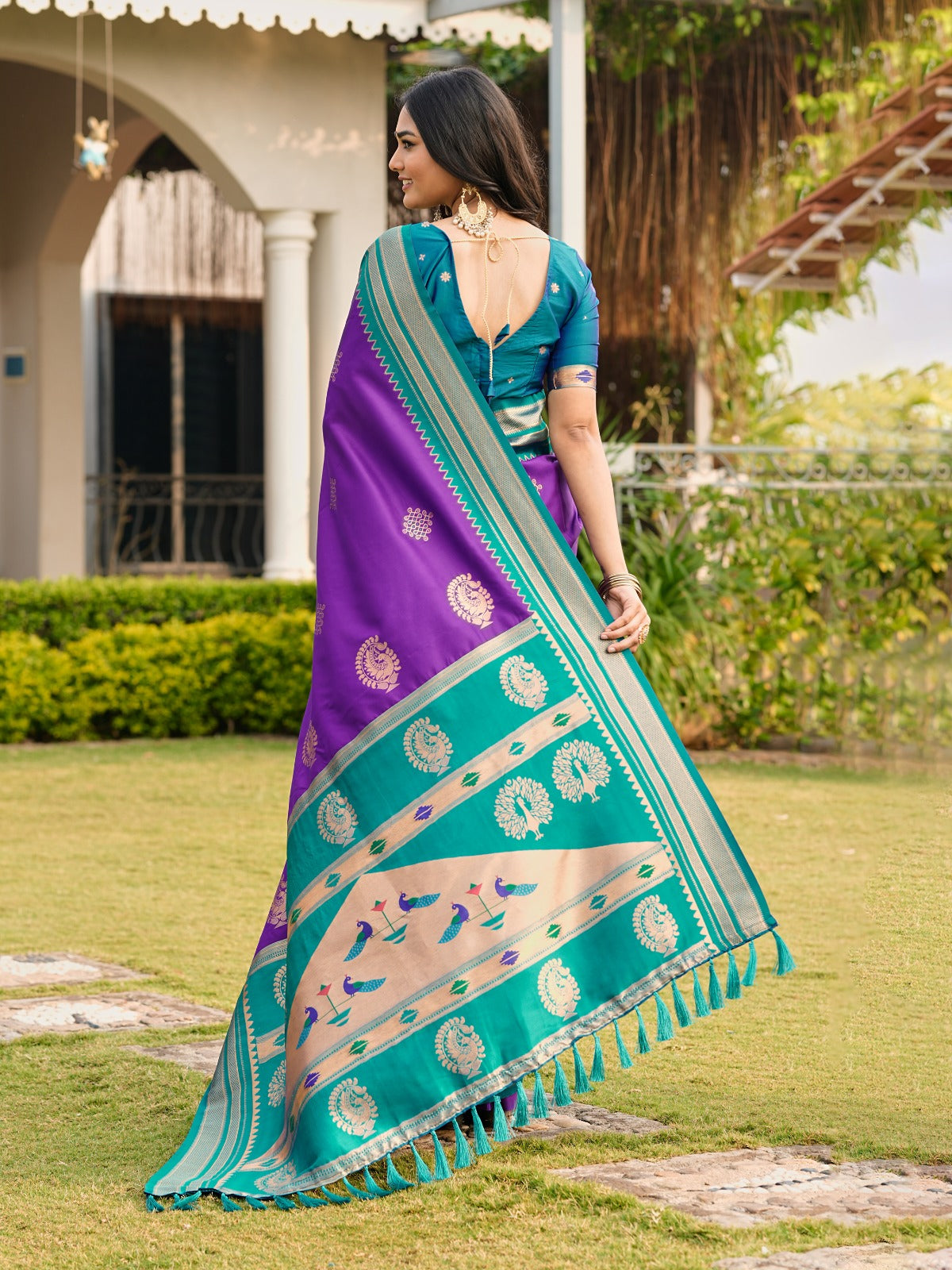Royal Purple Silk Saree with Contrast Green Border | Elegant Traditional & Festive Wear