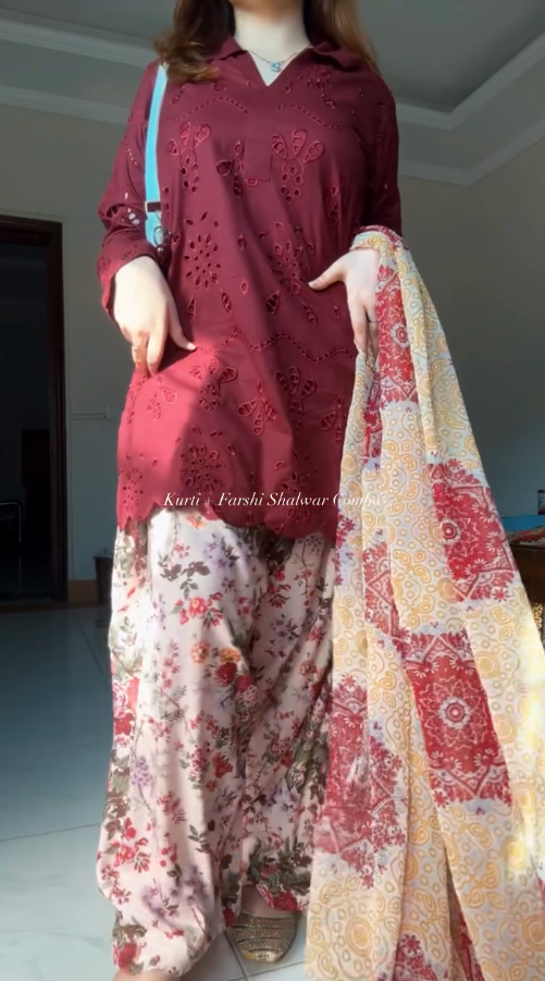 Women's Maroon Schiffli Embroidered Kurti with Floral Farshi Shalwar Set | Elegant Ethnic Wear