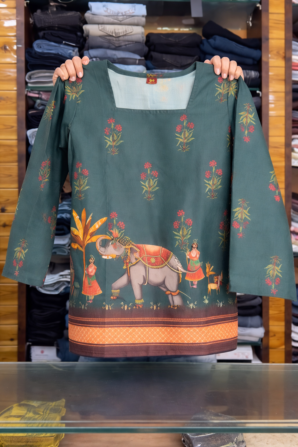 Elegant Folk Art Printed Long Sleeve Kurti
