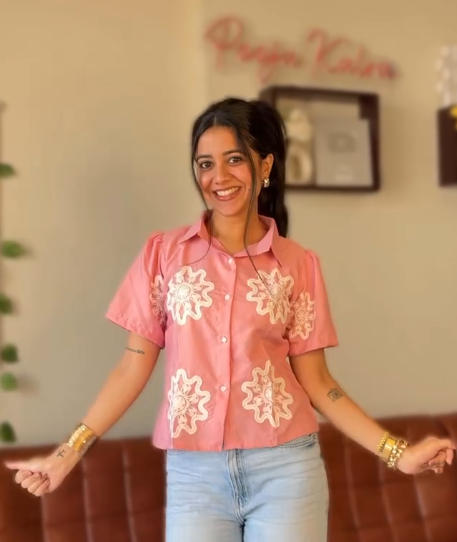 Hot Pink Tropical Palm Embroidered Cotton Shirt