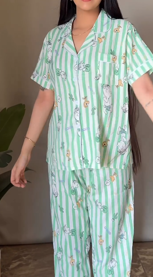 Candy Stripe Heart & Star Print Cotton Nightsuit Set