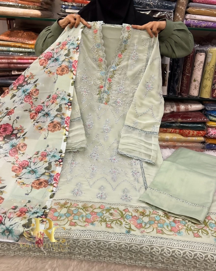 Elegant Sky Blue Embroidered Kurta Set with Floral Dupatta | Luxury Ethnic Wear for Women