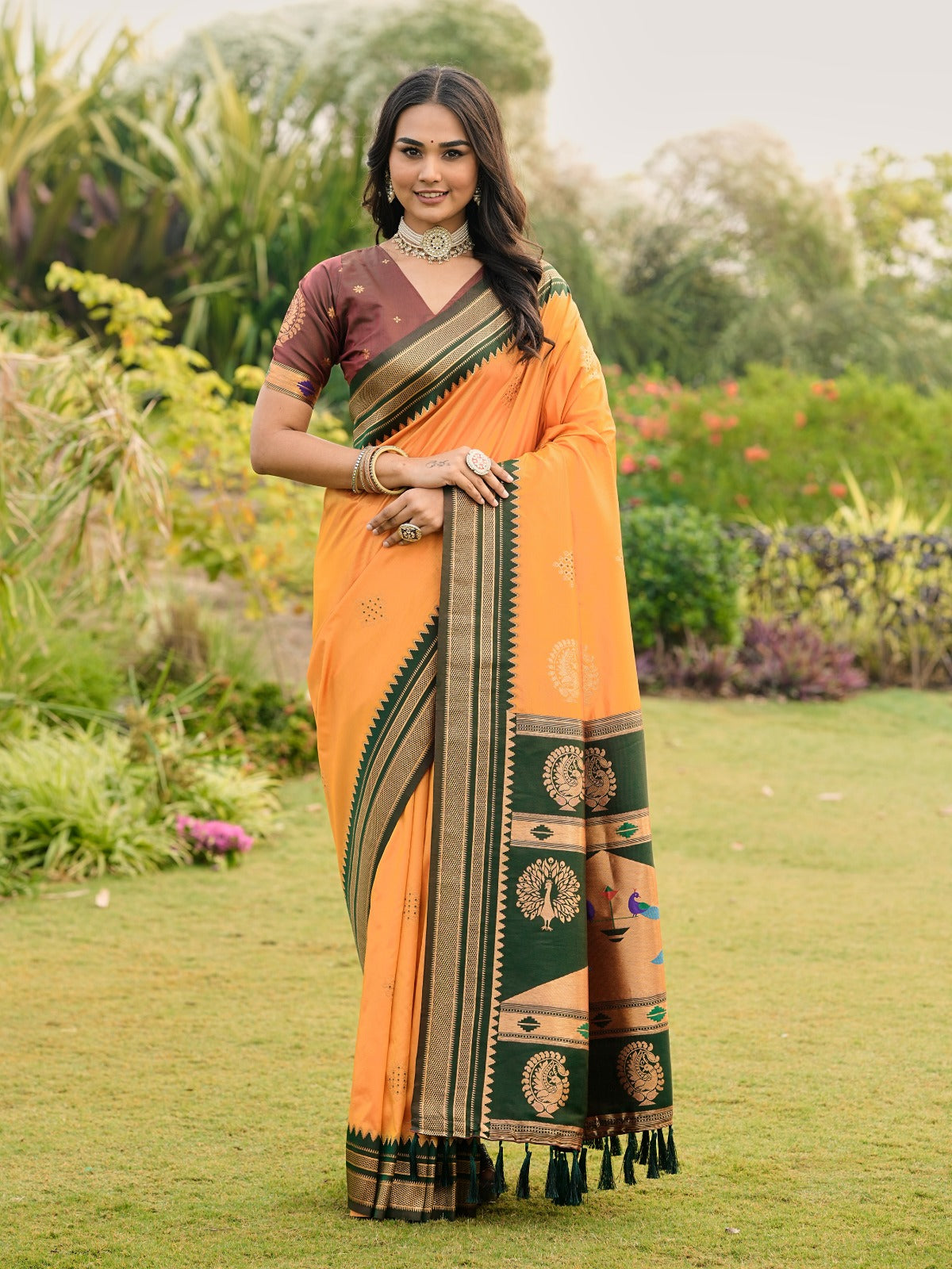 Kesar Royale Silk Saree with Green Zari Border