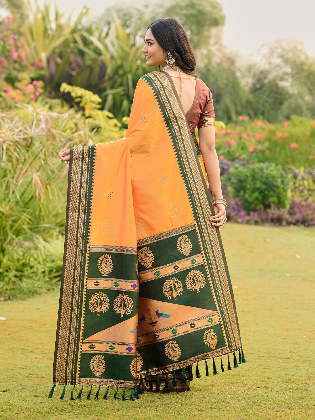 Kesar Royale Silk Saree with Green Zari Border