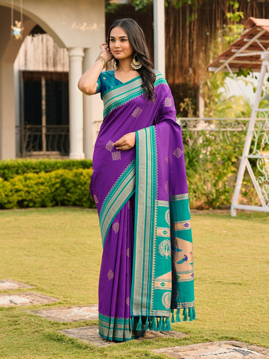 Royal Purple Silk Saree with Contrast Green Border | Elegant Traditional & Festive Wear