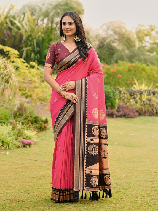 Gulabi Grace Silk Saree with Royal Zari Border