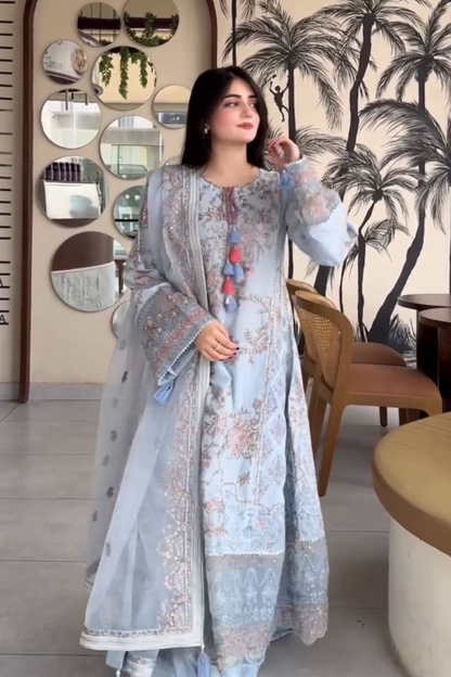 Elegant Sky Blue Embroidered Lawn Suit Set with Dupatta