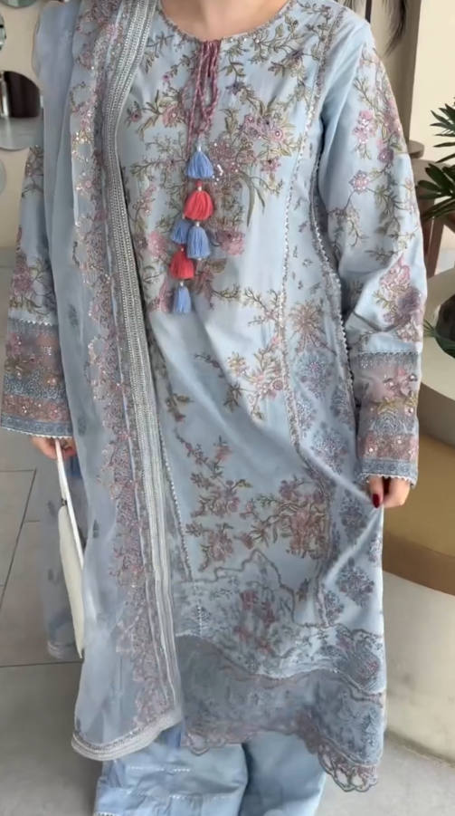 Elegant Sky Blue Embroidered Lawn Suit Set with Dupatta