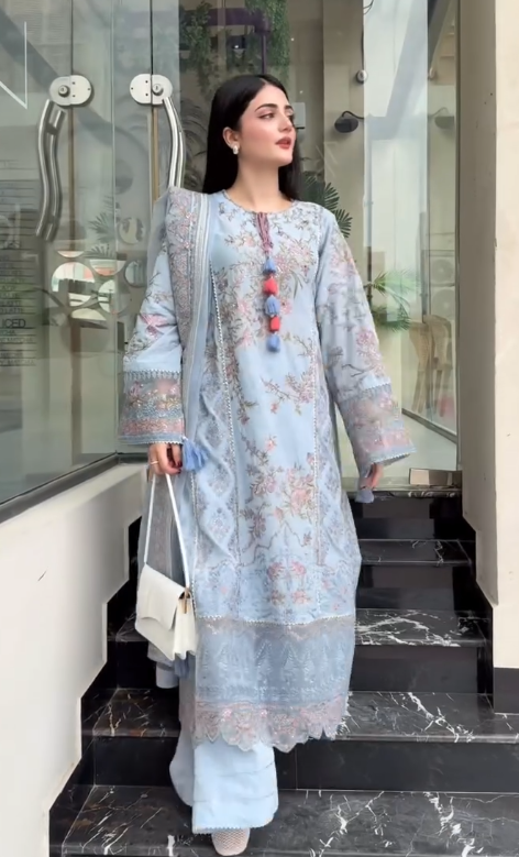 Elegant Sky Blue Embroidered Lawn Suit Set with Dupatta