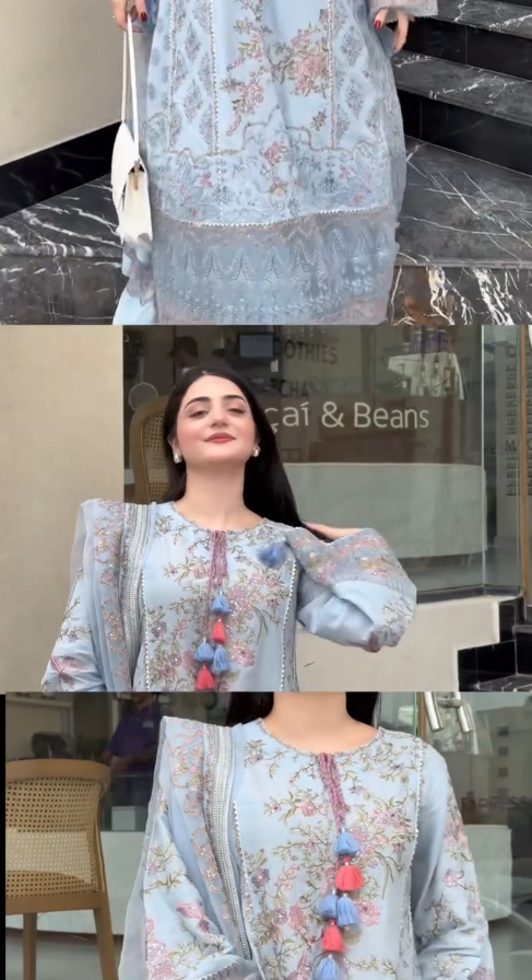 Elegant Sky Blue Embroidered Lawn Suit Set with Dupatta