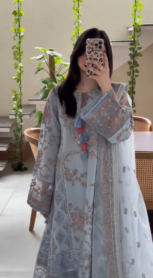 Elegant Sky Blue Embroidered Lawn Suit Set with Dupatta