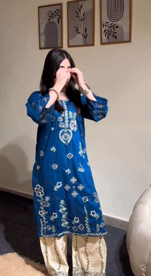 Elegant Blue Cotton Kurti & Cream Palazzo Co-Ord Set