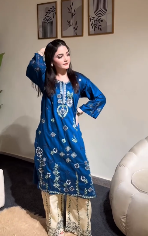 Elegant Blue Cotton Kurti & Cream Palazzo Co-Ord Set