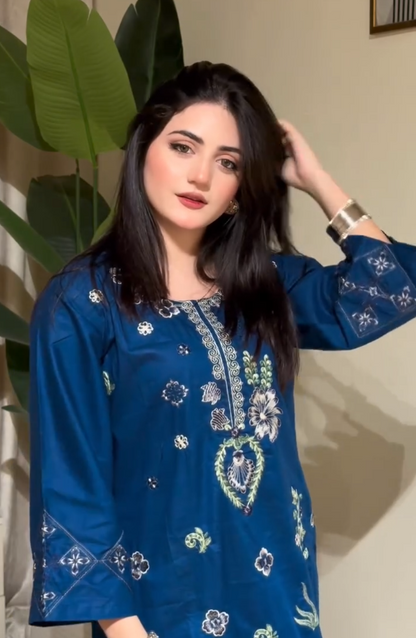 Elegant Blue Cotton Kurti & Cream Palazzo Co-Ord Set