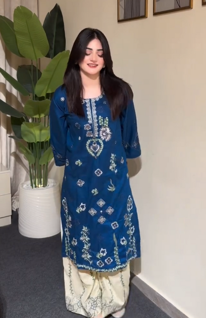 Elegant Blue Cotton Kurti & Cream Palazzo Co-Ord Set