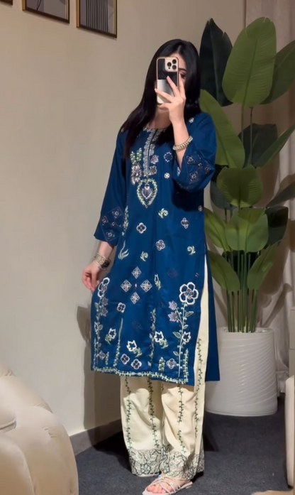 Elegant Blue Cotton Kurti & Cream Palazzo Co-Ord Set