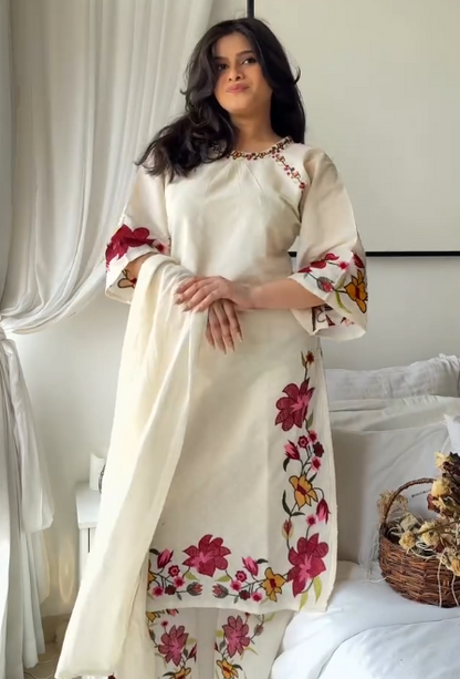 White Floral Embroidered Kurta Set for Women