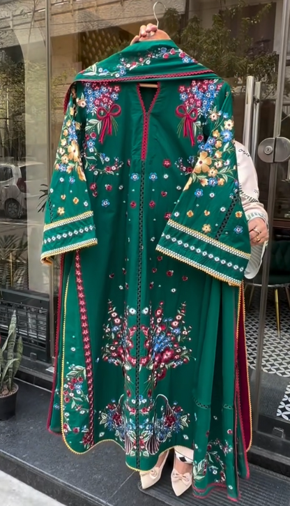 Women's Emerald Green Floral Embroidered Lawn Suit with Dupatta | Premium Pakistani Style Ethnic Wear