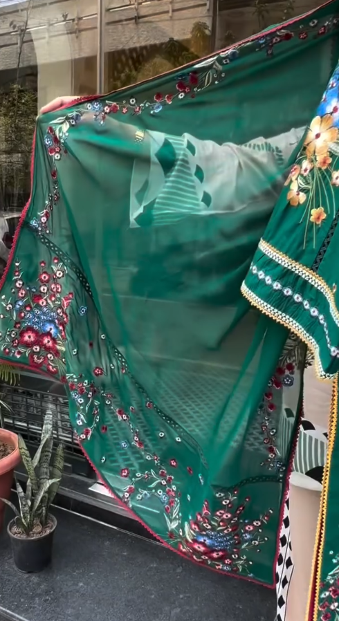 Women's Emerald Green Floral Embroidered Lawn Suit with Dupatta | Premium Pakistani Style Ethnic Wear