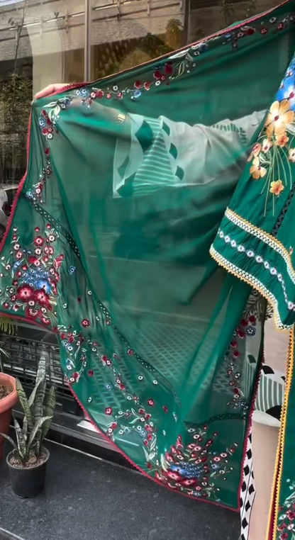 Women's Emerald Green Floral Embroidered Lawn Suit with Dupatta | Premium Pakistani Style Ethnic Wear