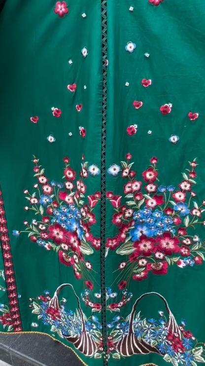 Women's Emerald Green Floral Embroidered Lawn Suit with Dupatta | Premium Pakistani Style Ethnic Wear