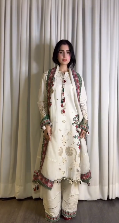 Graceful Ivory: Embroidered Lawn Suit with Printed Dupatta