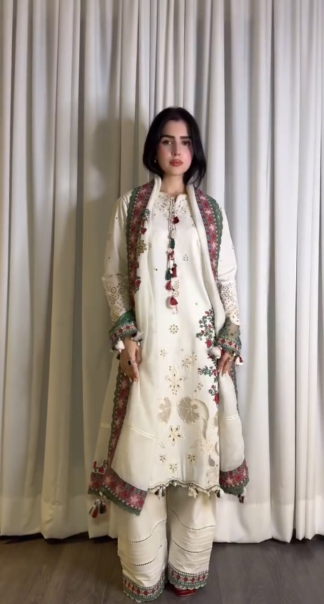 Graceful Ivory: Embroidered Lawn Suit with Printed Dupatta