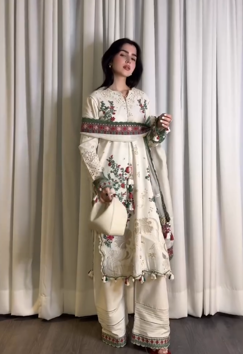 Graceful Ivory: Embroidered Lawn Suit with Printed Dupatta