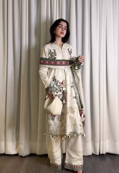 Graceful Ivory: Embroidered Lawn Suit with Printed Dupatta