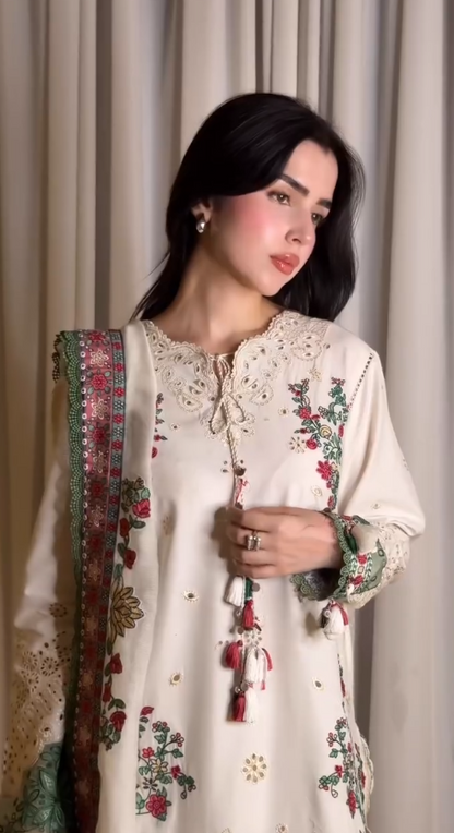 Graceful Ivory: Embroidered Lawn Suit with Printed Dupatta