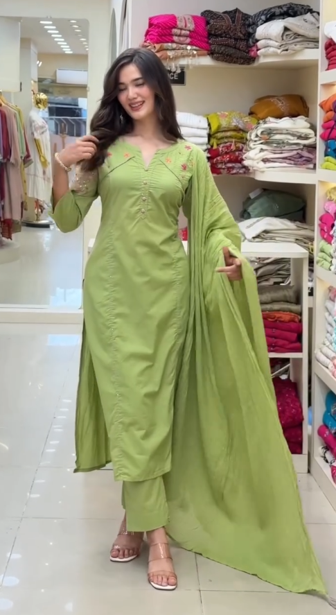 Women's Pistachio Green Straight Kurta Pant Set with Dupatta | Elegant Cotton Ethnic Wear
