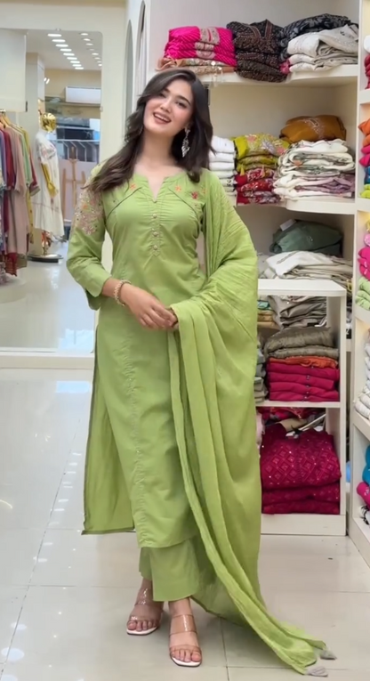 Women's Pistachio Green Straight Kurta Pant Set with Dupatta | Elegant Cotton Ethnic Wear
