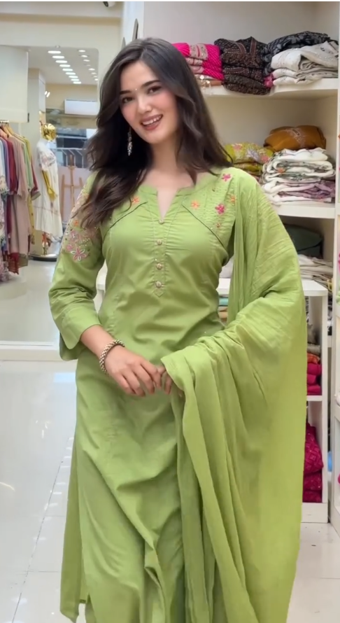 Women's Pistachio Green Straight Kurta Pant Set with Dupatta | Elegant Cotton Ethnic Wear