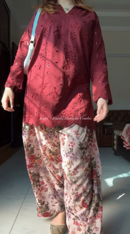 Women's Maroon Schiffli Embroidered Kurti with Floral Farshi Shalwar Set | Elegant Ethnic Wear