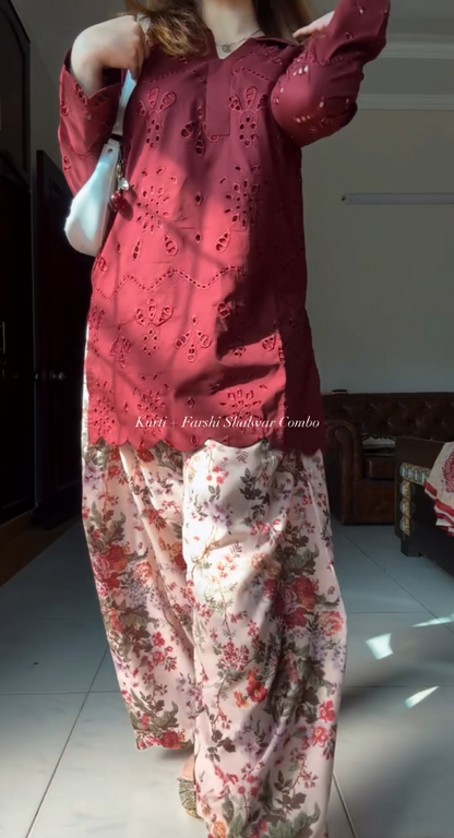 Women's Maroon Schiffli Embroidered Kurti with Floral Farshi Shalwar Set | Elegant Ethnic Wear