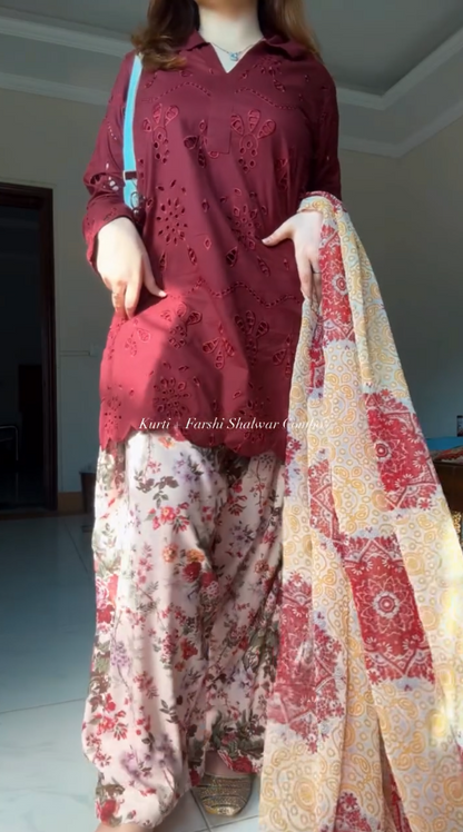 Women's Maroon Schiffli Embroidered Kurti with Floral Farshi Shalwar Set | Elegant Ethnic Wear