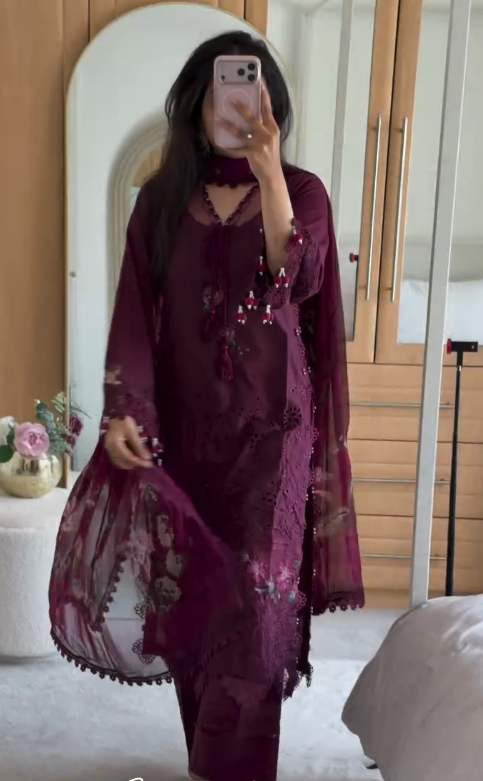 Women's Wine Embroidered Pakistani Lawn Suit with Lace Dupatta | Luxury Ethnic Wear