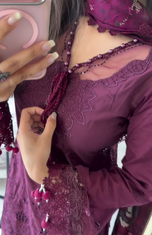 Women's Wine Embroidered Pakistani Lawn Suit with Lace Dupatta | Luxury Ethnic Wear
