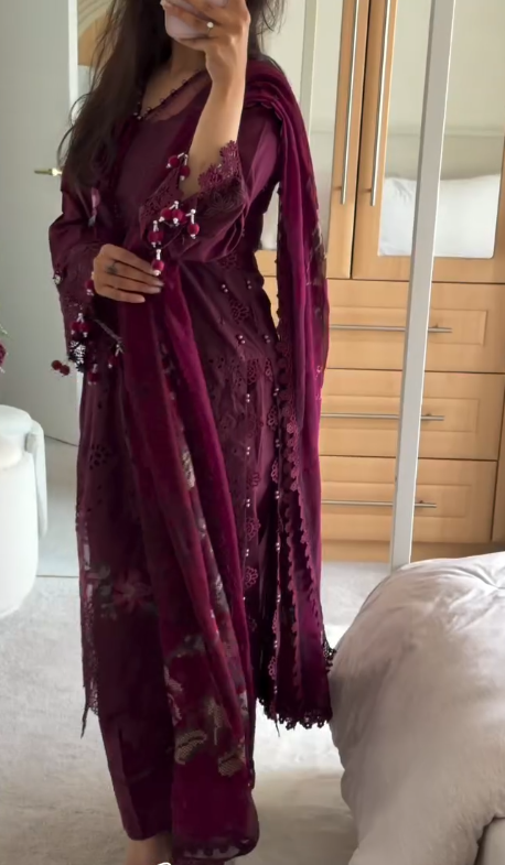 Women's Wine Embroidered Pakistani Lawn Suit with Lace Dupatta | Luxury Ethnic Wear