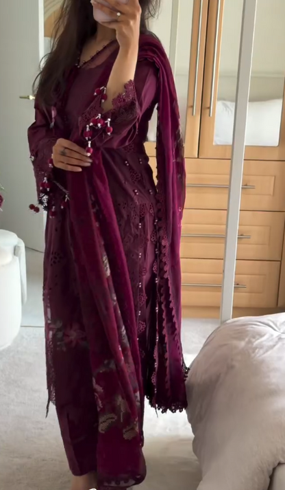 Women's Wine Embroidered Pakistani Lawn Suit with Lace Dupatta | Luxury Ethnic Wear