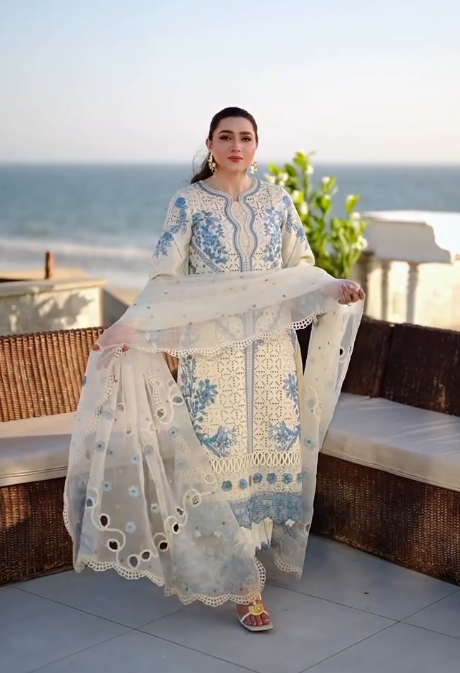 Women's White & Sky Blue Embroidered Lawn Suit with Organza Dupatta