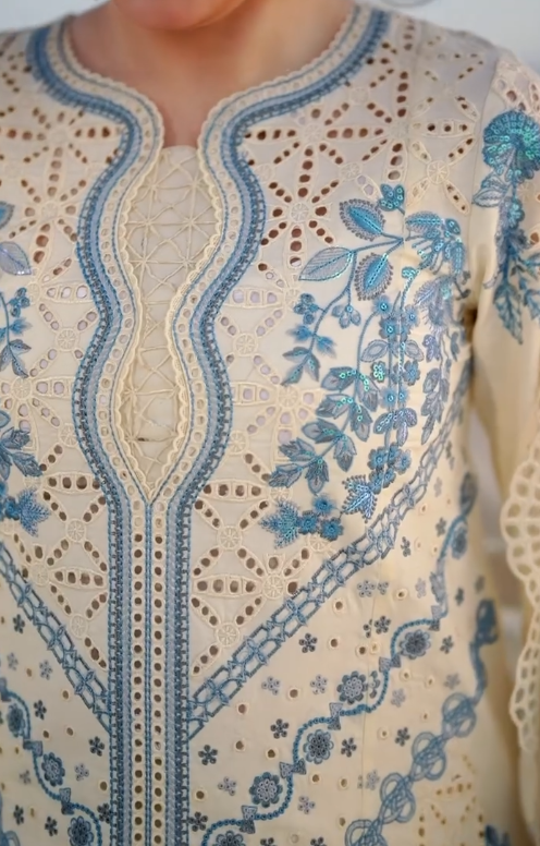 Women's White & Sky Blue Embroidered Lawn Suit with Organza Dupatta