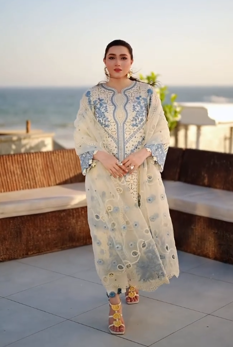 Women's White & Sky Blue Embroidered Lawn Suit with Organza Dupatta