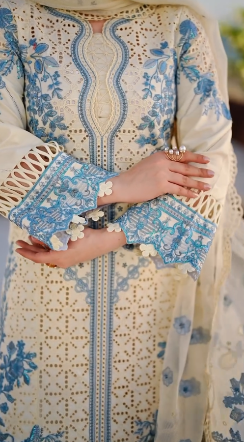 Women's White & Sky Blue Embroidered Lawn Suit with Organza Dupatta