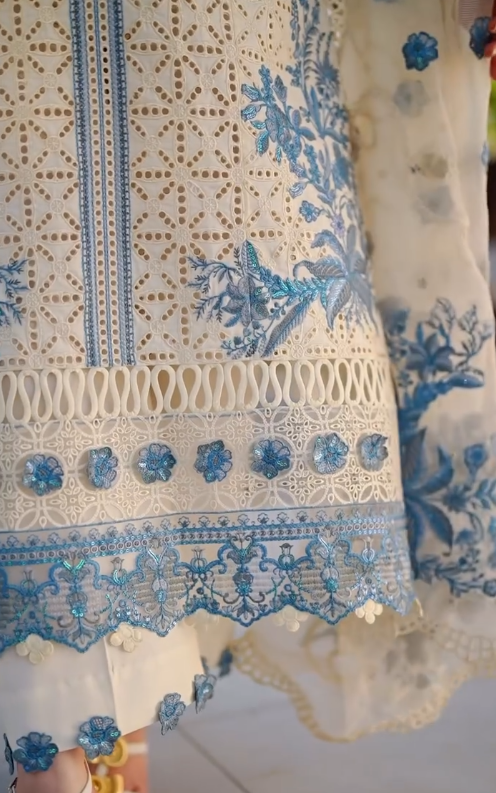 Women's White & Sky Blue Embroidered Lawn Suit with Organza Dupatta