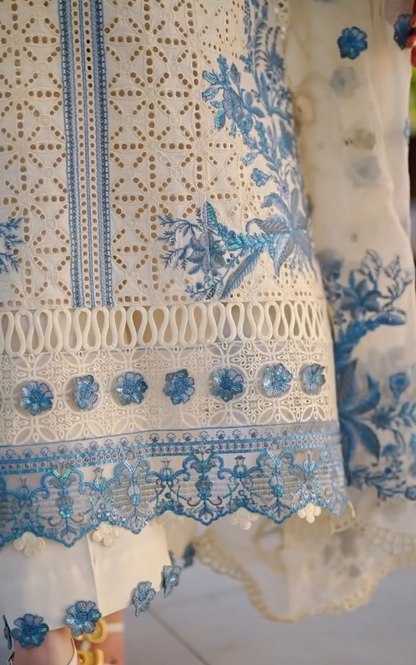 Women's White & Sky Blue Embroidered Lawn Suit with Organza Dupatta