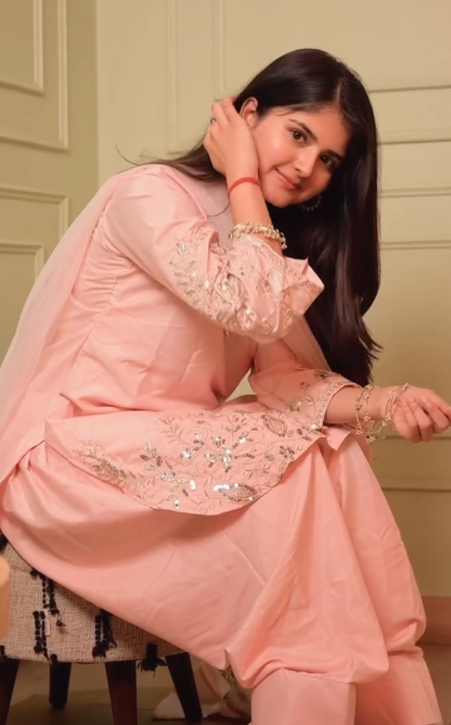Women's Blush Pink Embroidered Kurta Pant Set with Dupatta | Elegant Cotton Ethnic Wear
