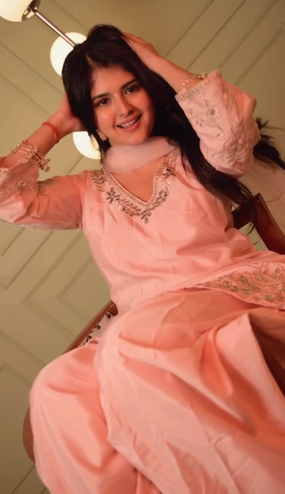 Women's Blush Pink Embroidered Kurta Pant Set with Dupatta | Elegant Cotton Ethnic Wear