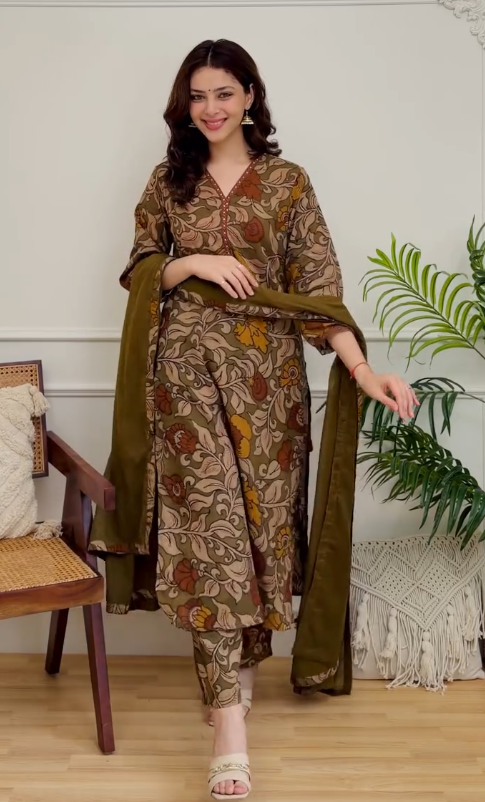 Women's Olive Brown Floral Printed Kurta Pant Set with Dupatta | Elegant Cotton Ethnic Wear