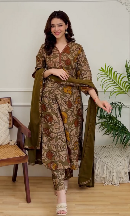Women's Olive Brown Floral Printed Kurta Pant Set with Dupatta | Elegant Cotton Ethnic Wear